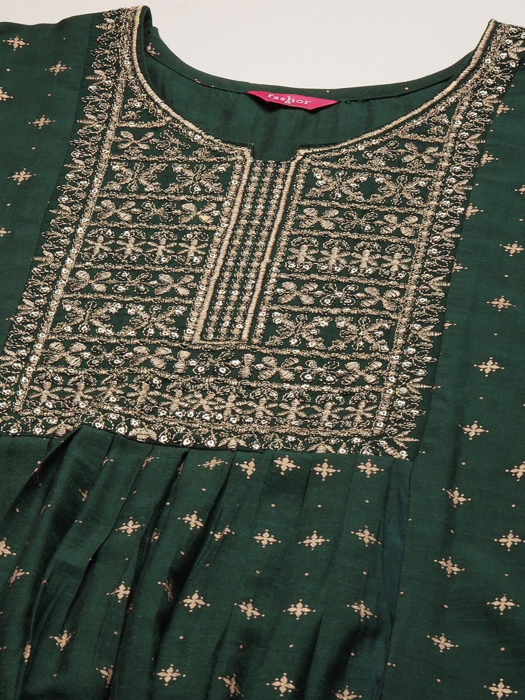 Festive Zari Embroidered & Foil Printed Flared Kurta - Emerald Green - Indiakreations