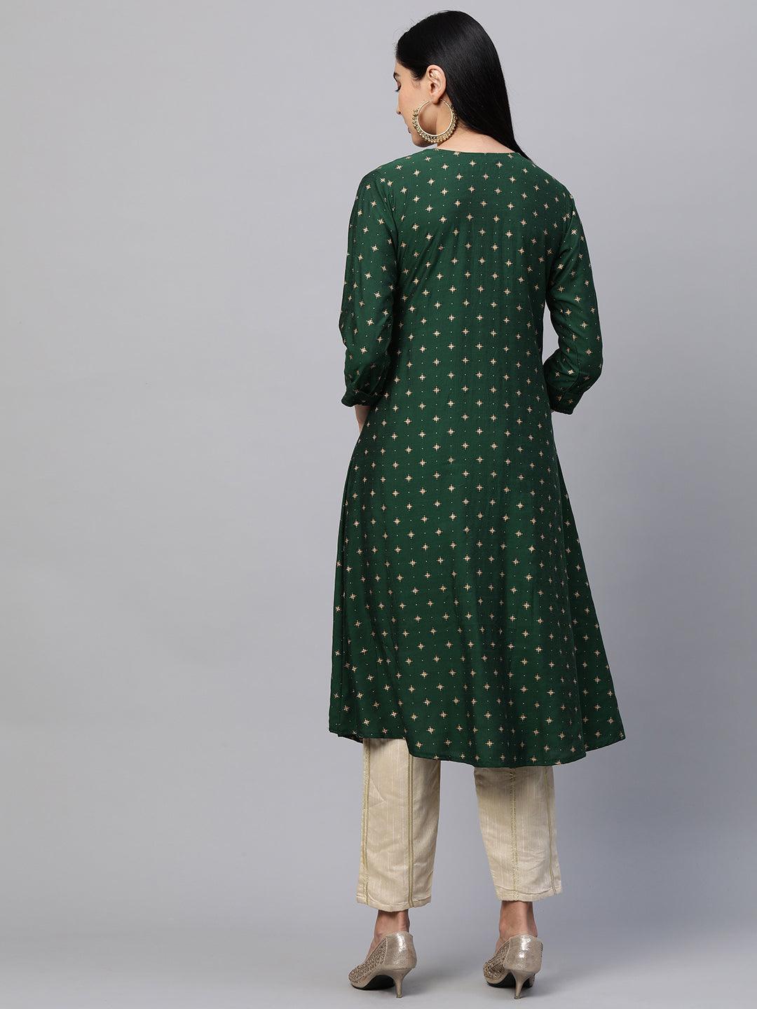 Festive Zari Embroidered & Foil Printed Flared Kurta - Emerald Green - Indiakreations