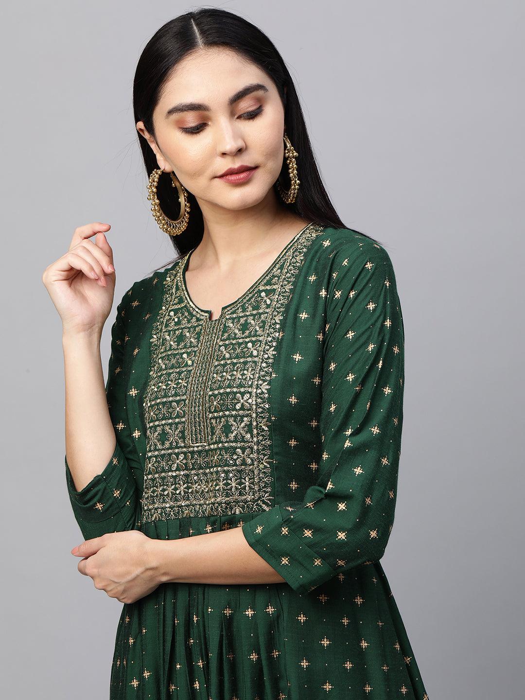 Festive Zari Embroidered & Foil Printed Flared Kurta - Emerald Green - Indiakreations