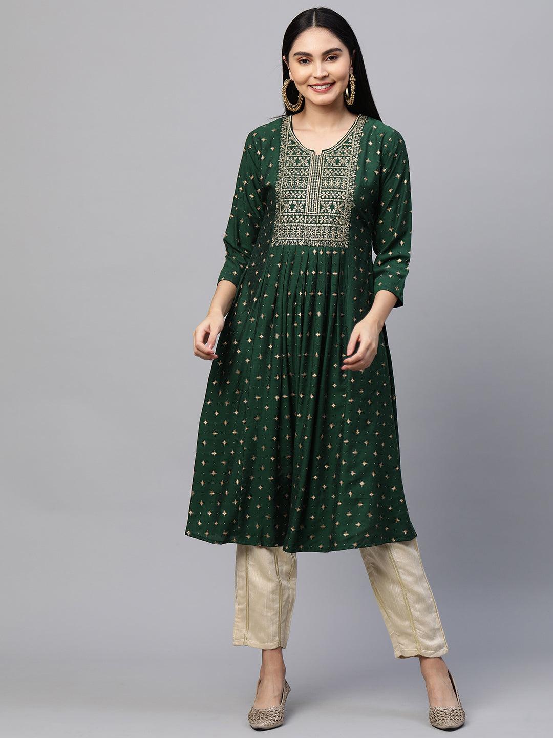 Festive Zari Embroidered & Foil Printed Flared Kurta - Emerald Green - Indiakreations