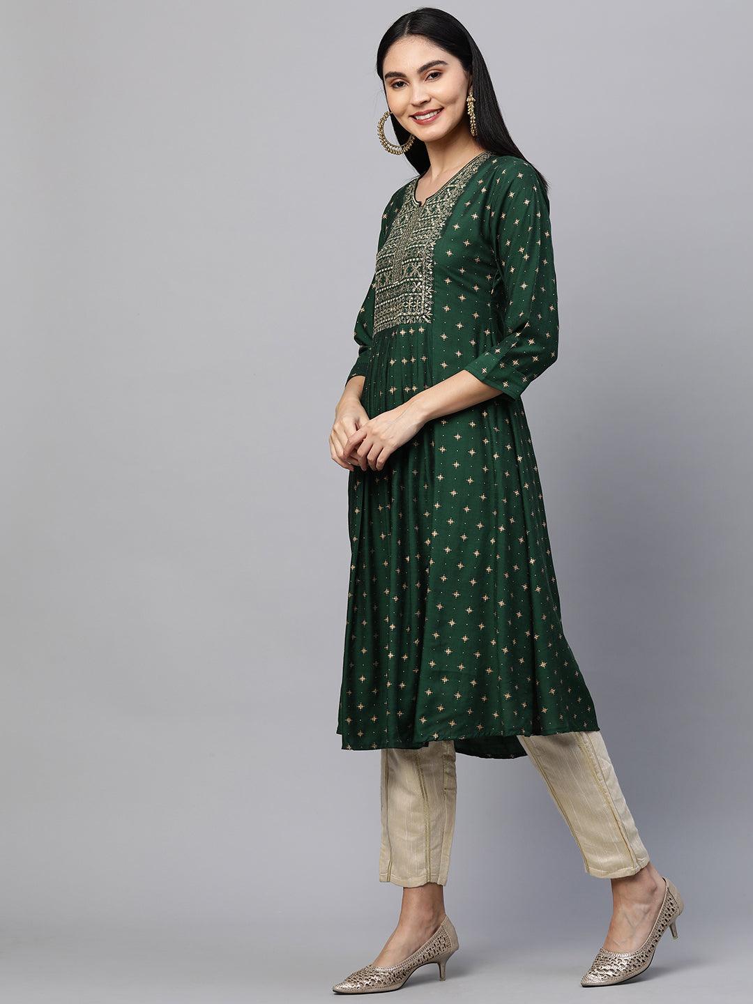 Festive Zari Embroidered & Foil Printed Flared Kurta - Emerald Green - Indiakreations