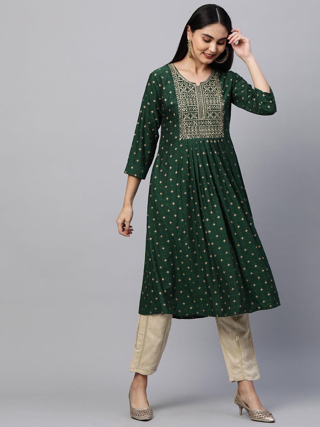 Festive Zari Embroidered & Foil Printed Flared Kurta - Emerald Green - Indiakreations