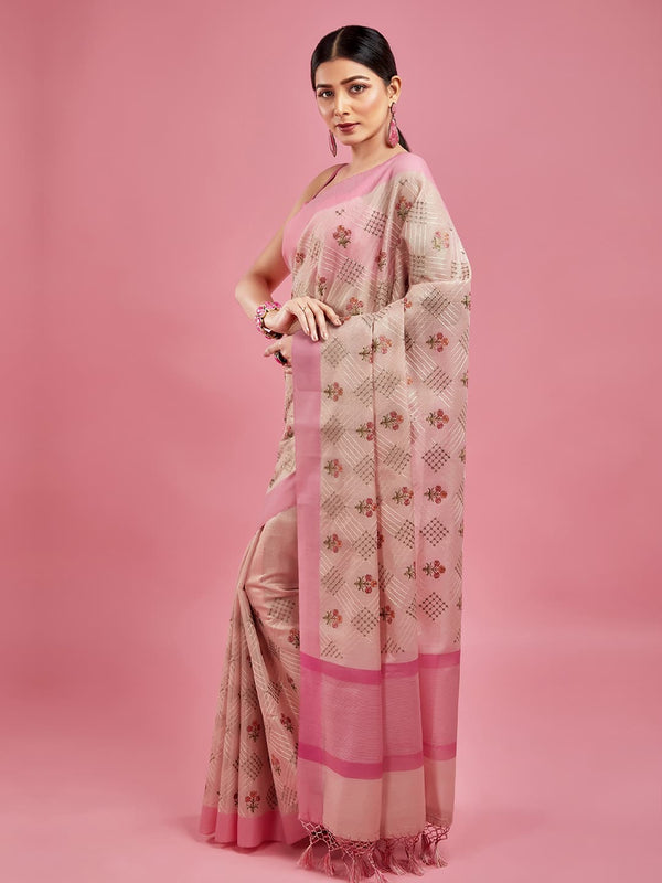 Beautiful Linen Pink Cotton Saree