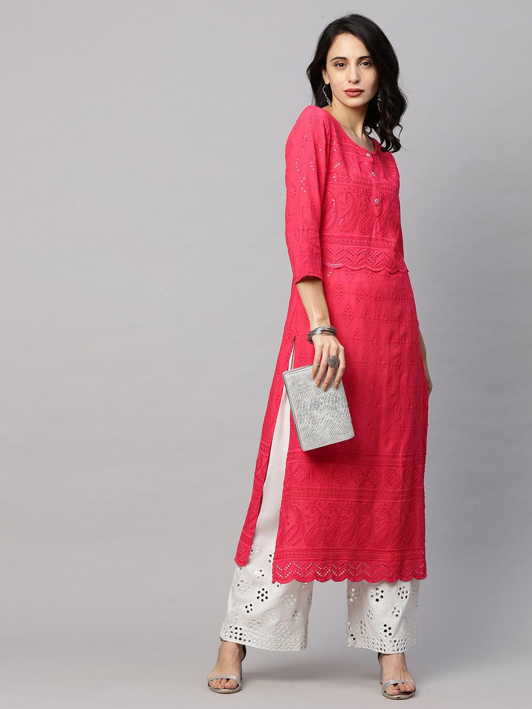 Intricate Chikankari Embroidered Straight Kurta with 2-Ply Mask - Bright Pink - Indiakreations