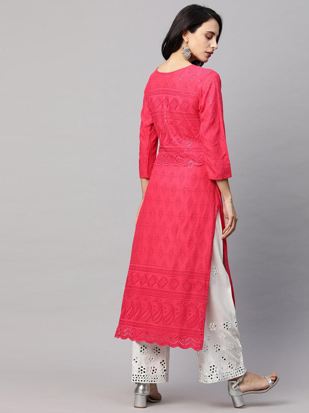 Intricate Chikankari Embroidered Straight Kurta with 2-Ply Mask - Bright Pink - Indiakreations