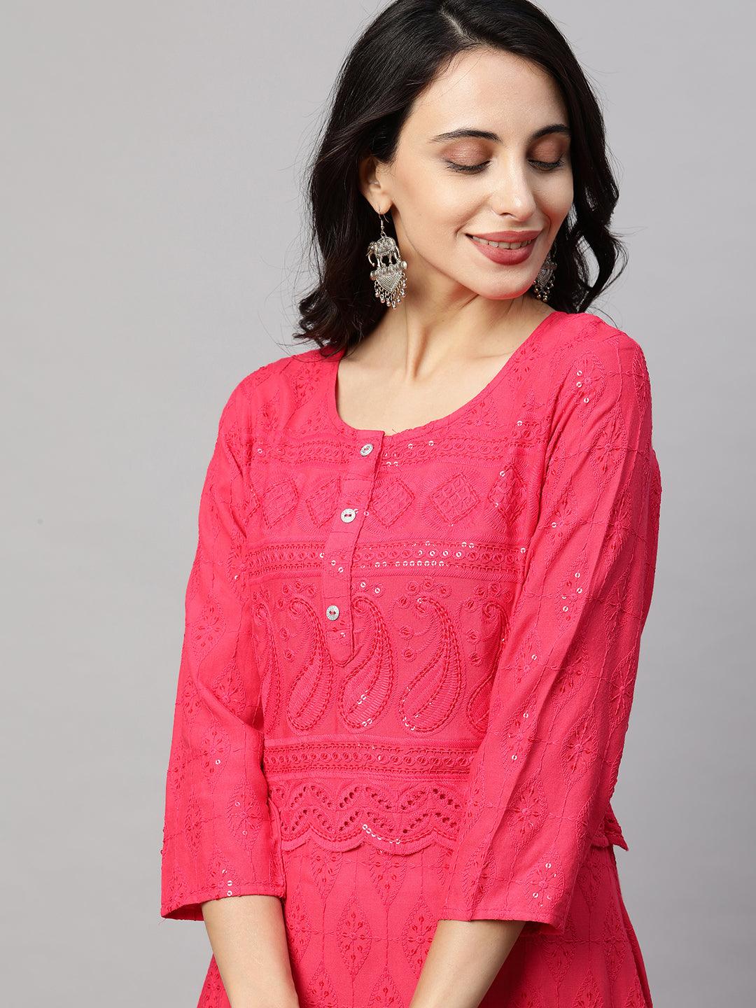 Intricate Chikankari Embroidered Straight Kurta with 2-Ply Mask - Bright Pink - Indiakreations