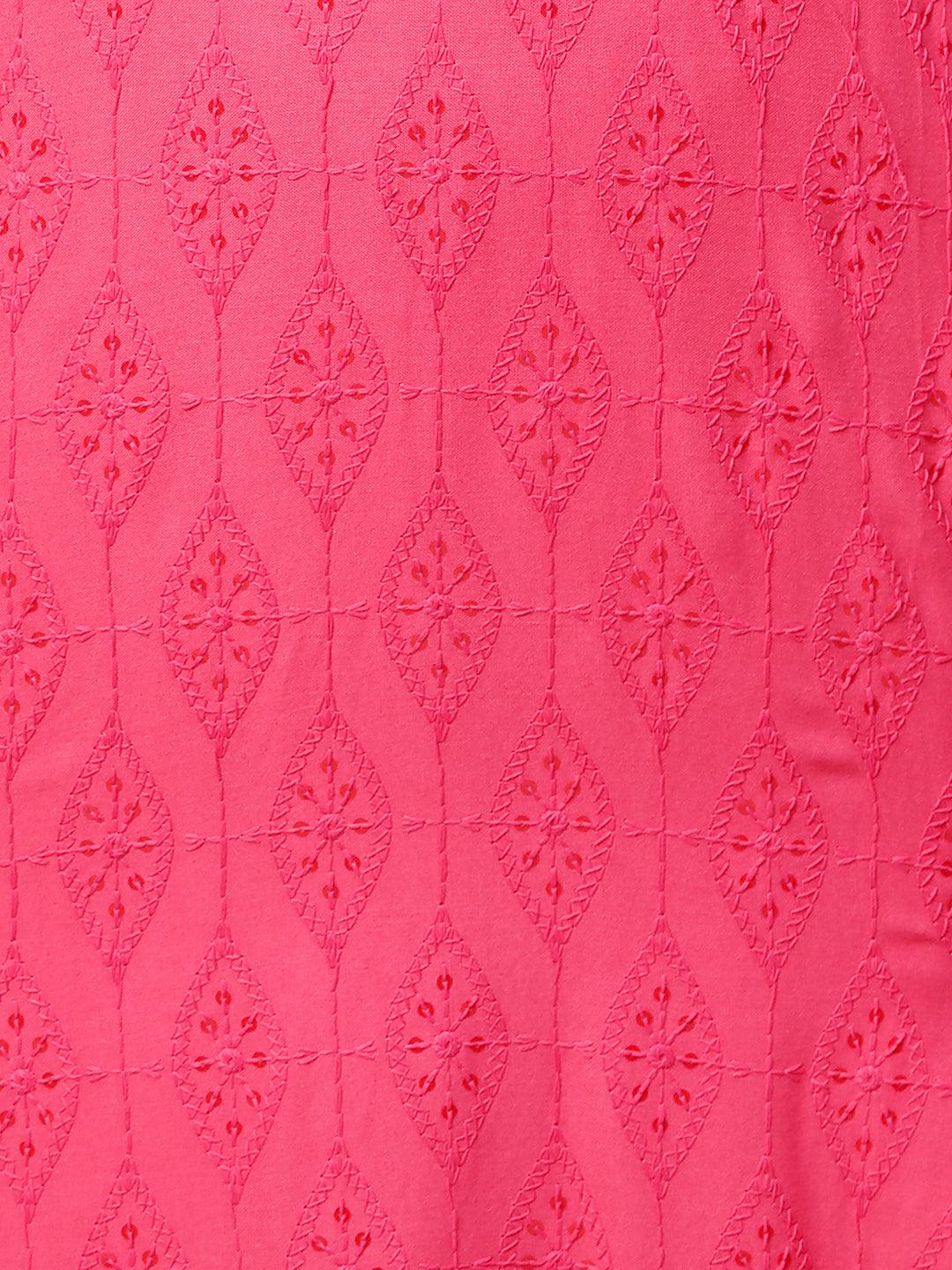 Intricate Chikankari Embroidered Straight Kurta with 2-Ply Mask - Bright Pink - Indiakreations