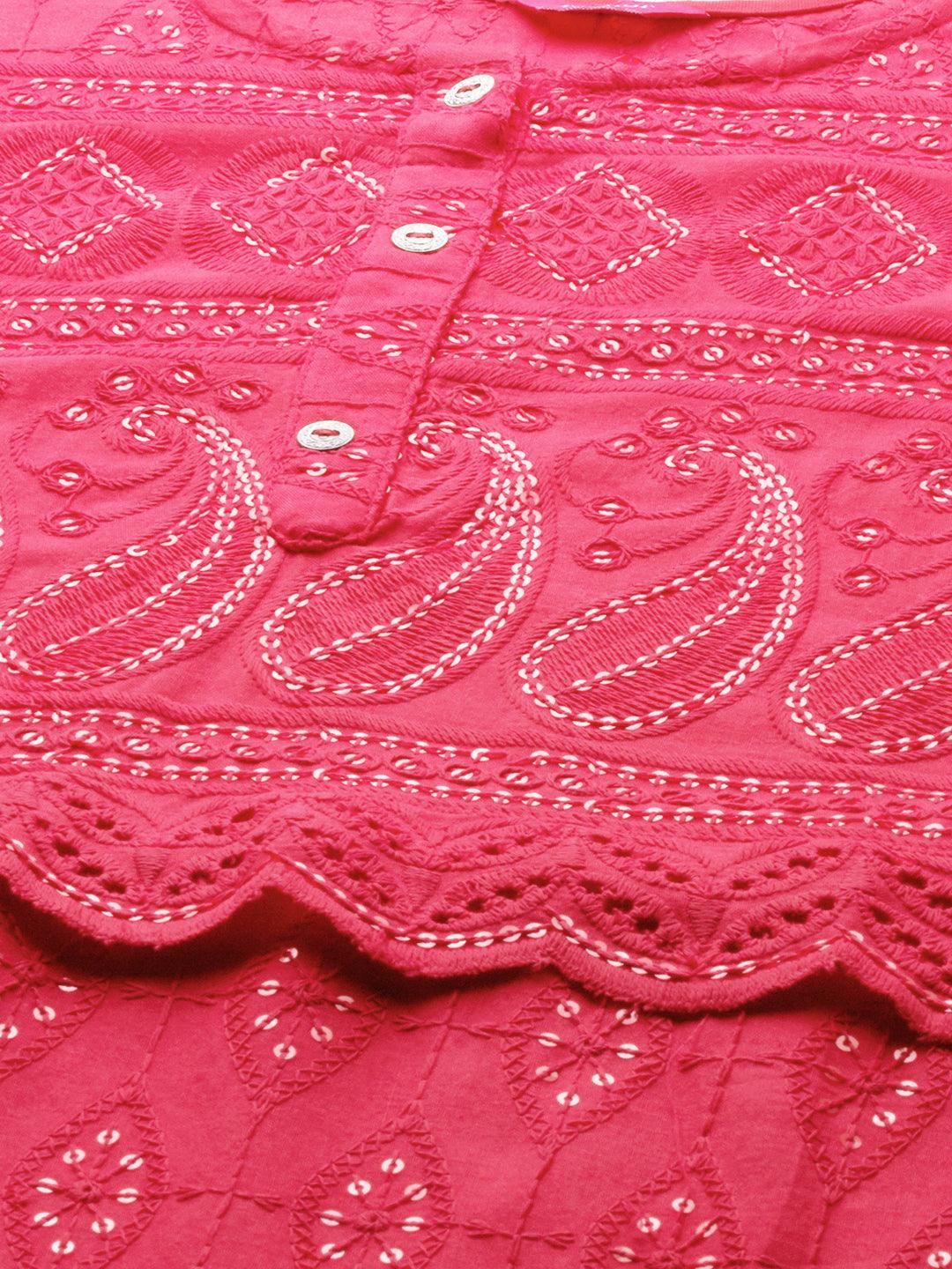 Intricate Chikankari Embroidered Straight Kurta with 2-Ply Mask - Bright Pink - Indiakreations