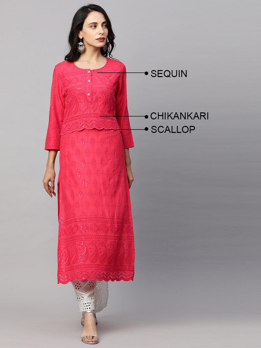 Intricate Chikankari Embroidered Straight Kurta with 2-Ply Mask - Bright Pink - Indiakreations