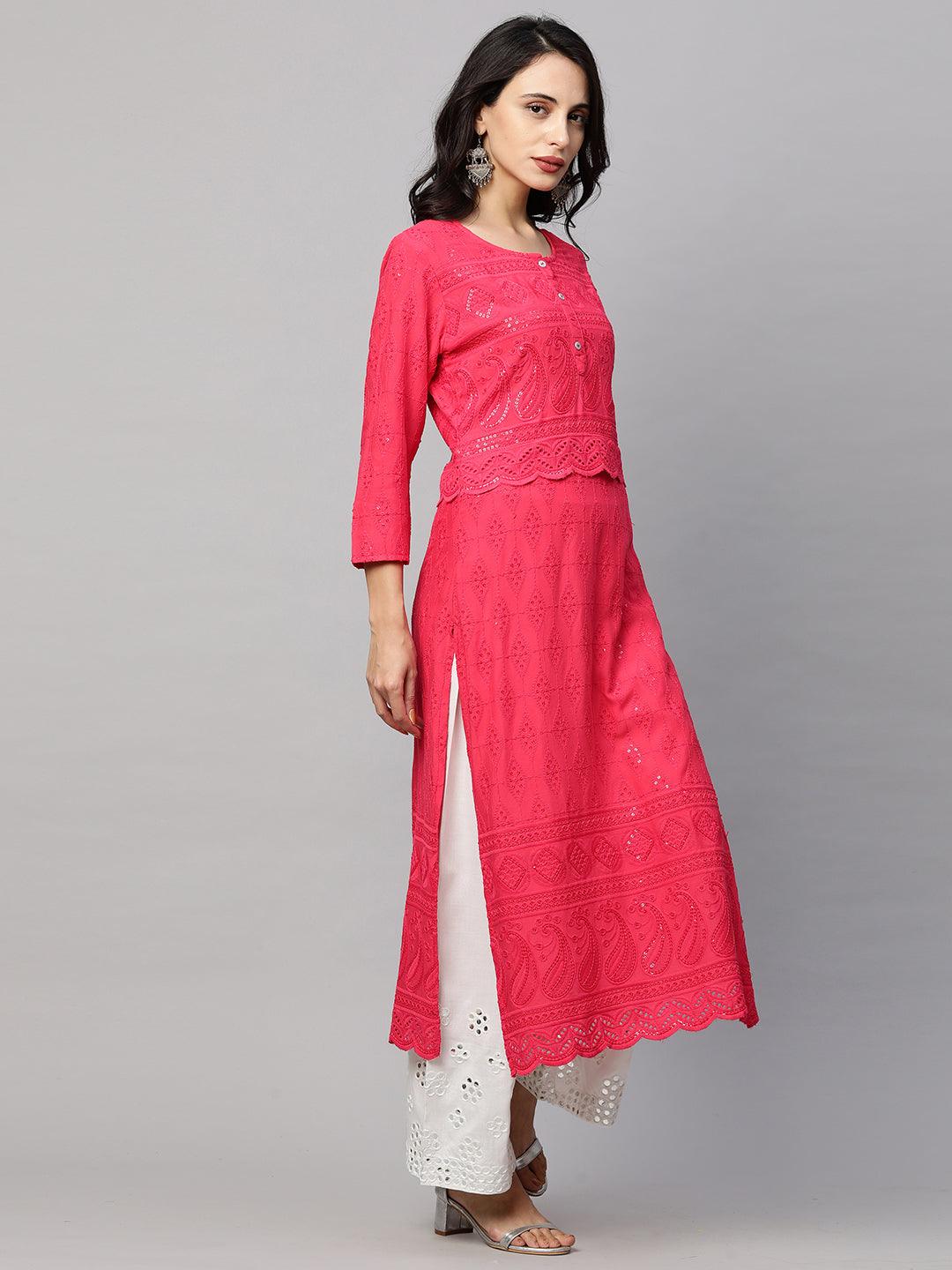 Intricate Chikankari Embroidered Straight Kurta with 2-Ply Mask - Bright Pink - Indiakreations