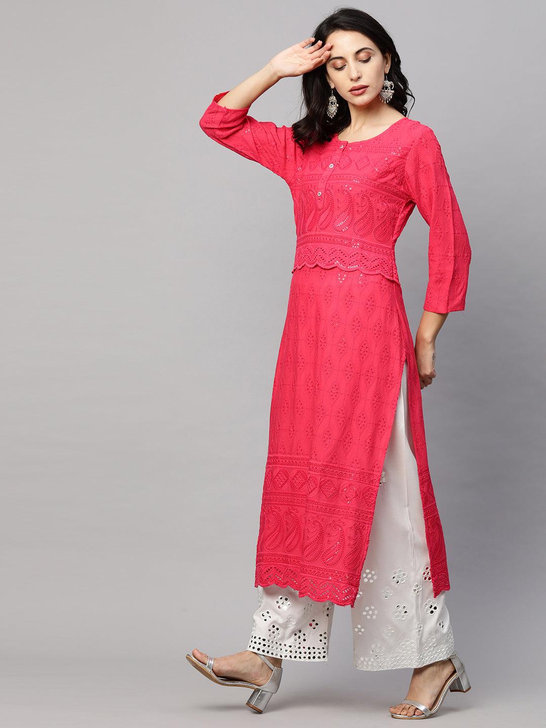 Intricate Chikankari Embroidered Straight Kurta with 2-Ply Mask - Bright Pink - Indiakreations