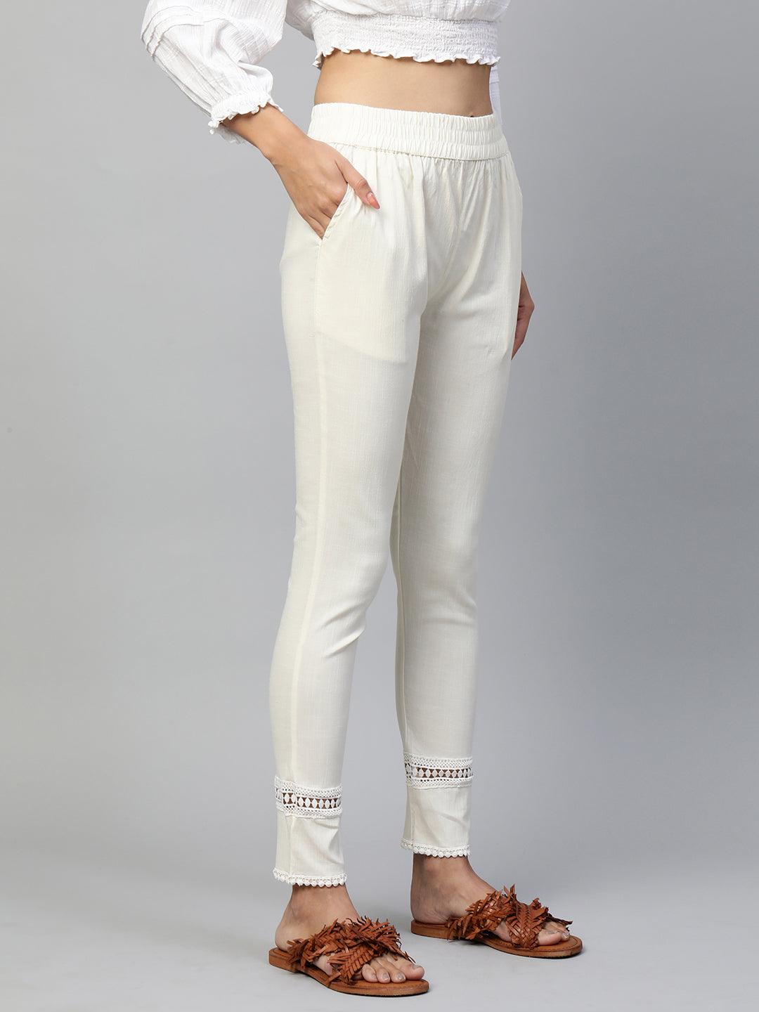 Body Fitted Lycra Ankle Leggings - Off White - Indiakreations