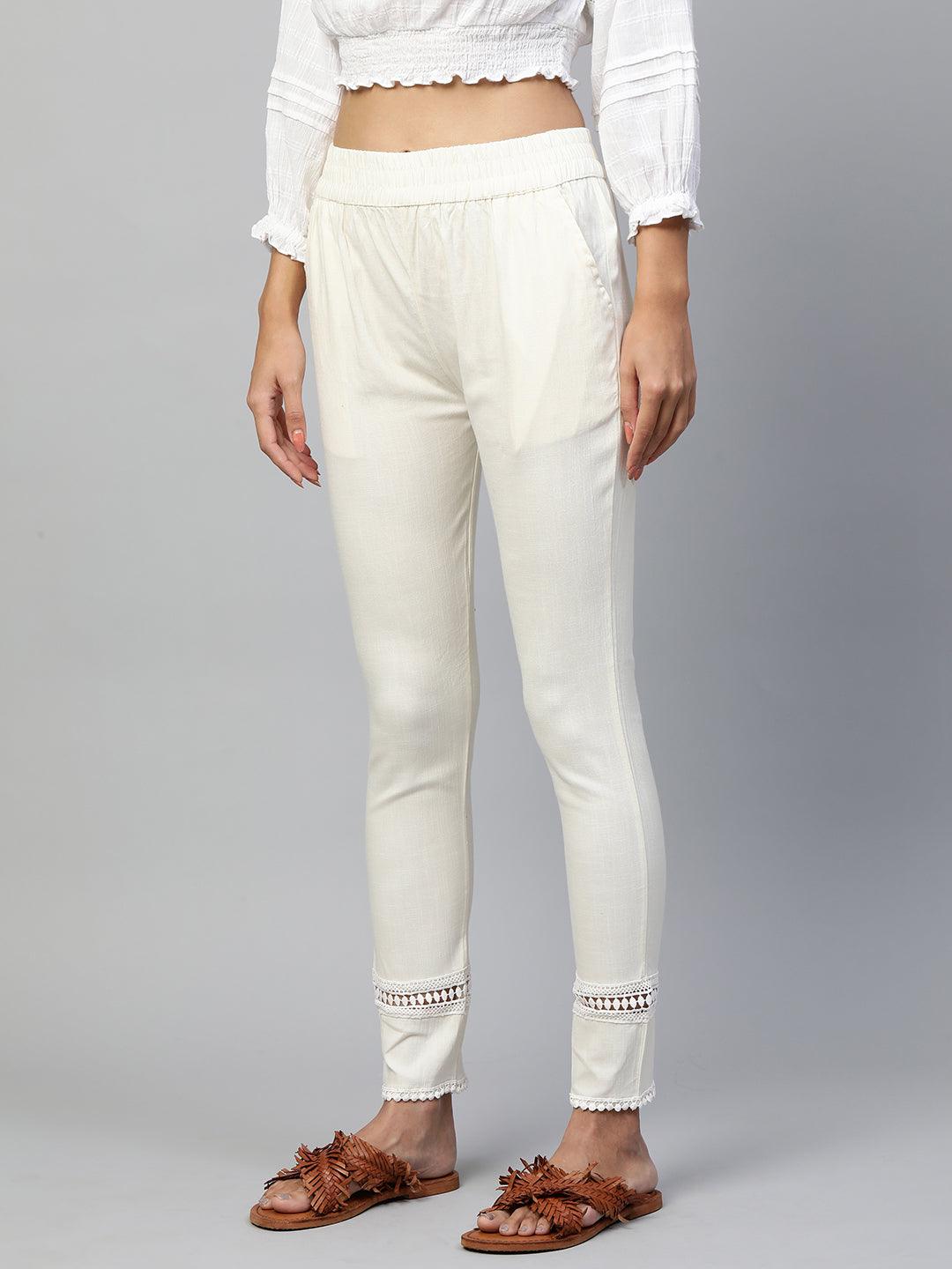 Body Fitted Lycra Ankle Leggings - Off White - Indiakreations