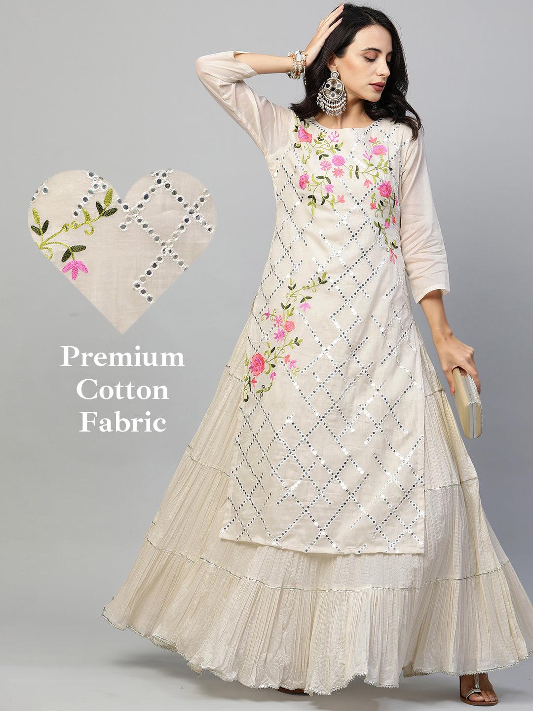 Floral & Foil Mirror Embroidered Kurta Layered Maxi Dress - Off White - Indiakreations