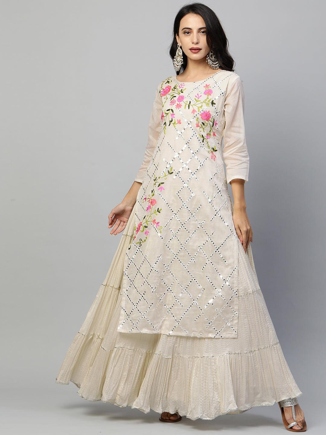 Floral & Foil Mirror Embroidered Kurta Layered Maxi Dress - Off White - Indiakreations