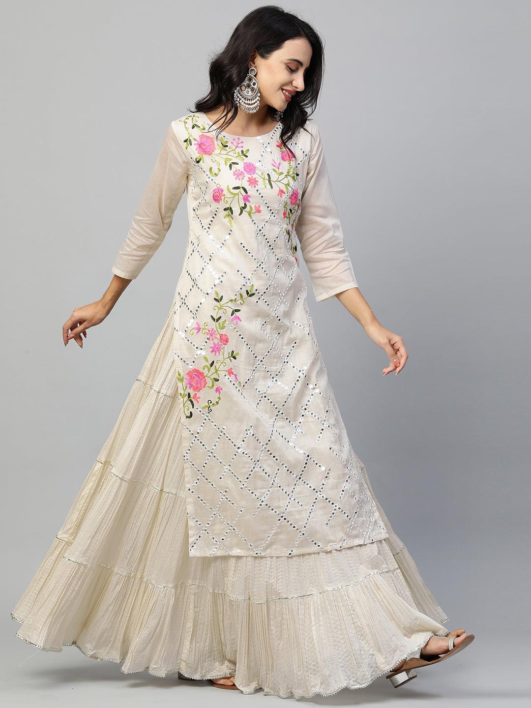 Floral & Foil Mirror Embroidered Kurta Layered Maxi Dress - Off White - Indiakreations