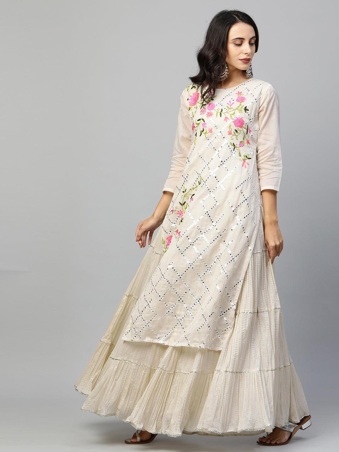 Floral & Foil Mirror Embroidered Kurta Layered Maxi Dress - Off White - Indiakreations