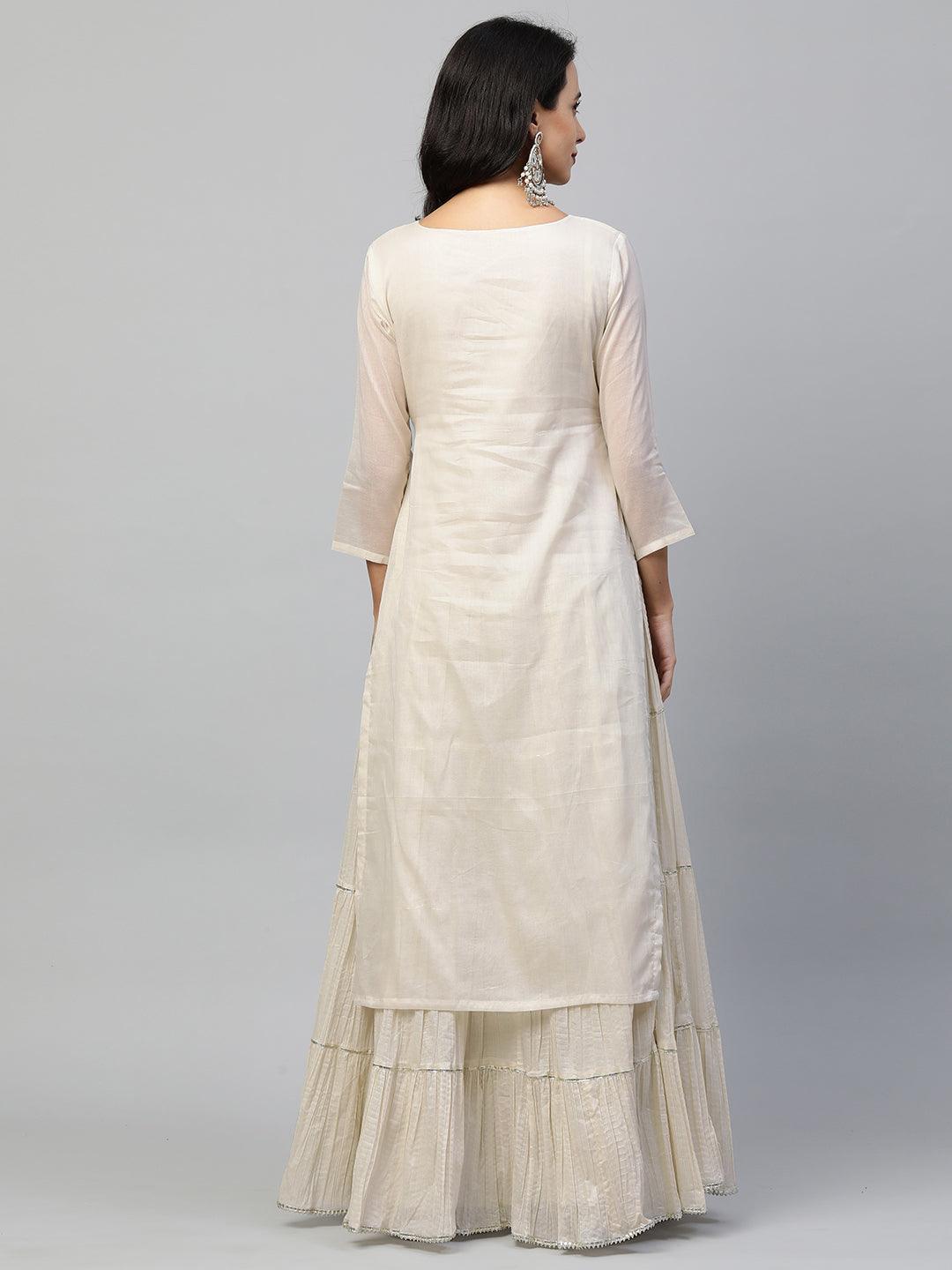 Floral & Foil Mirror Embroidered Kurta Layered Maxi Dress - Off White - Indiakreations