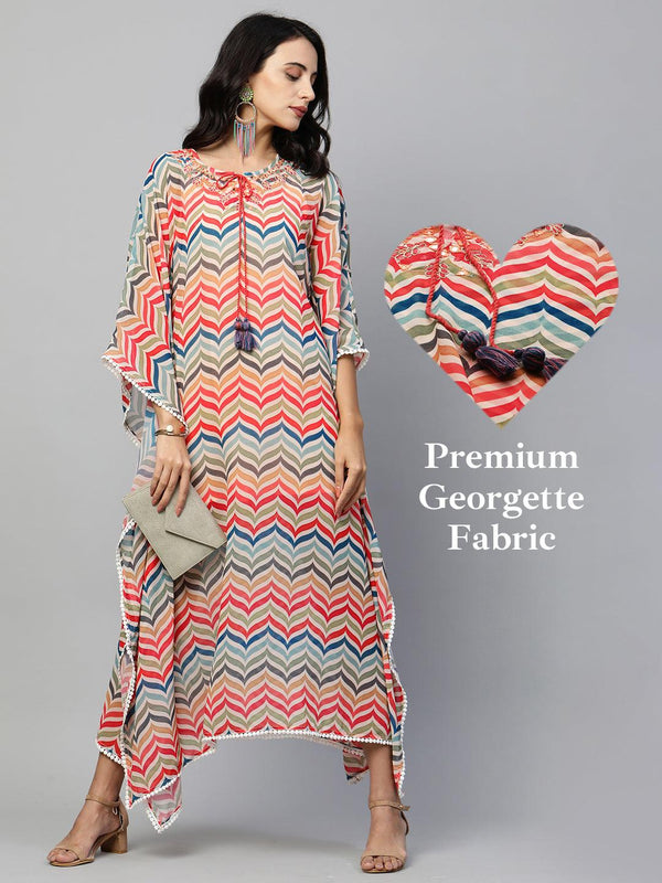 Colorful Chevron Printed & Embroidered Kaftan - Multi - Indiakreations