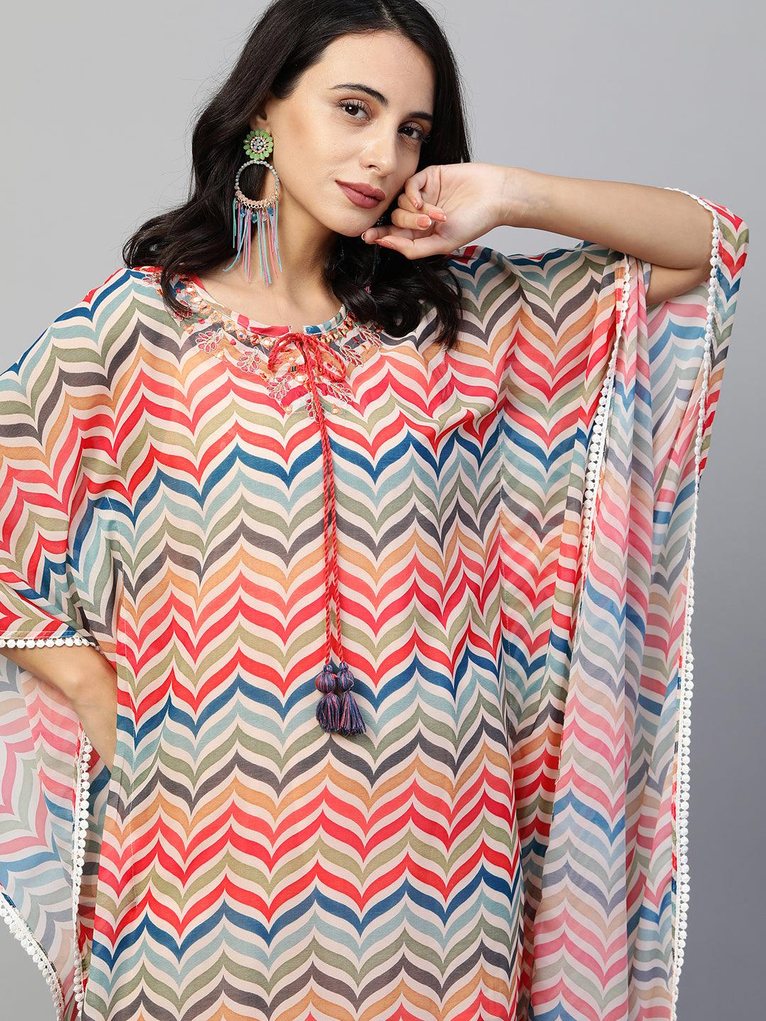 Colorful Chevron Printed & Embroidered Kaftan - Multi - Indiakreations