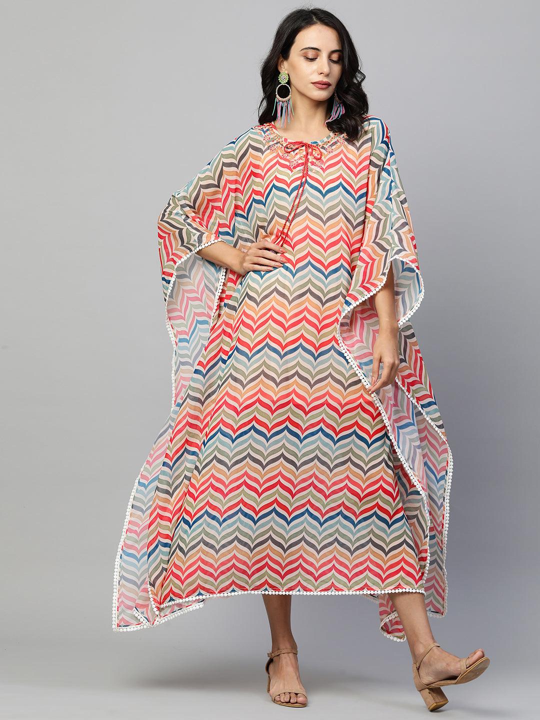 Colorful Chevron Printed & Embroidered Kaftan - Multi - Indiakreations