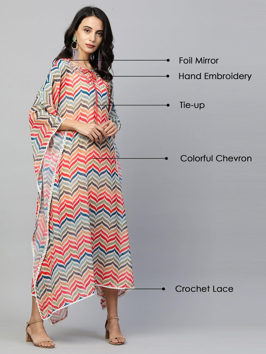 Colorful Chevron Printed & Embroidered Kaftan - Multi - Indiakreations