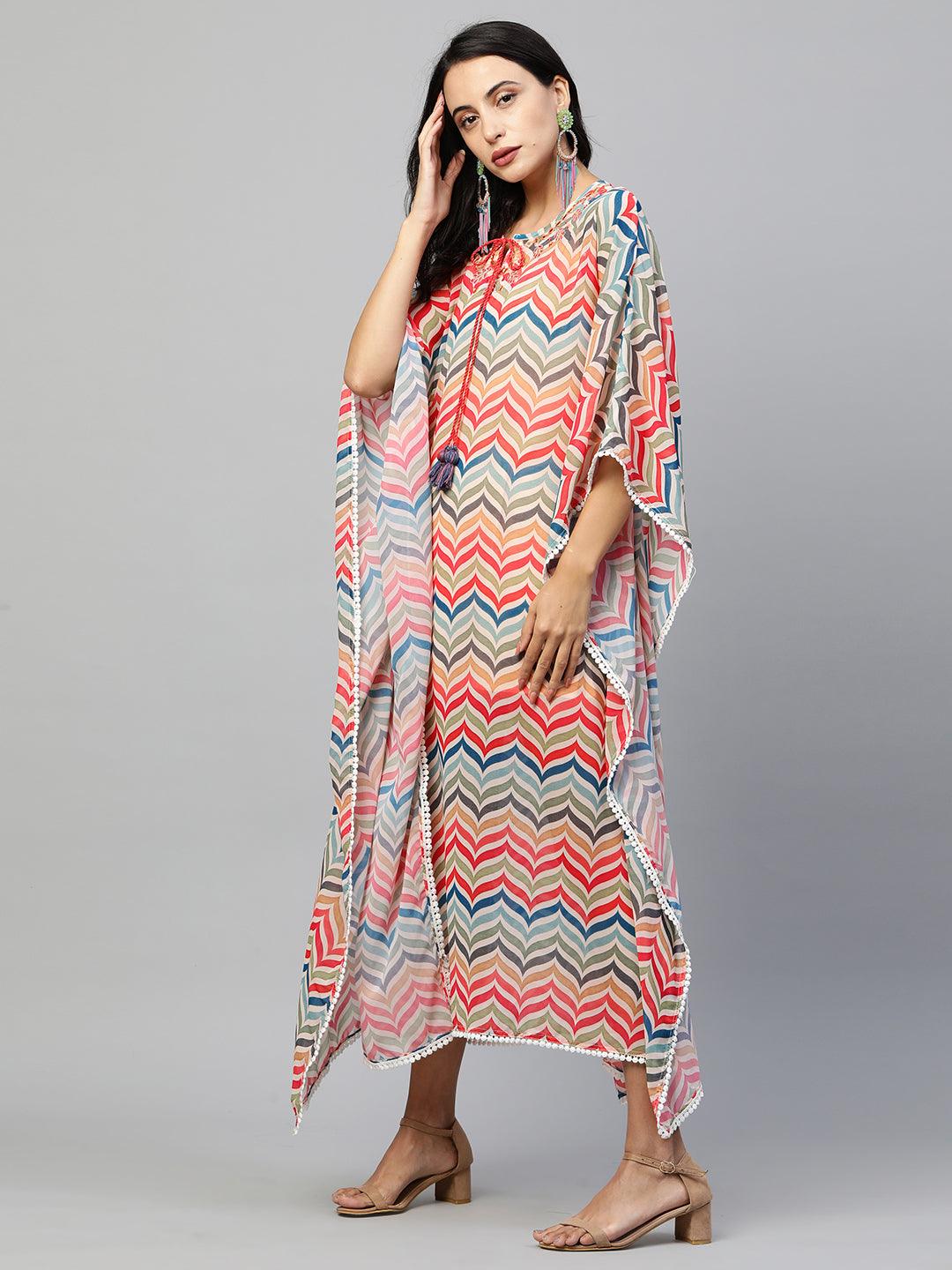 Colorful Chevron Printed & Embroidered Kaftan - Multi - Indiakreations