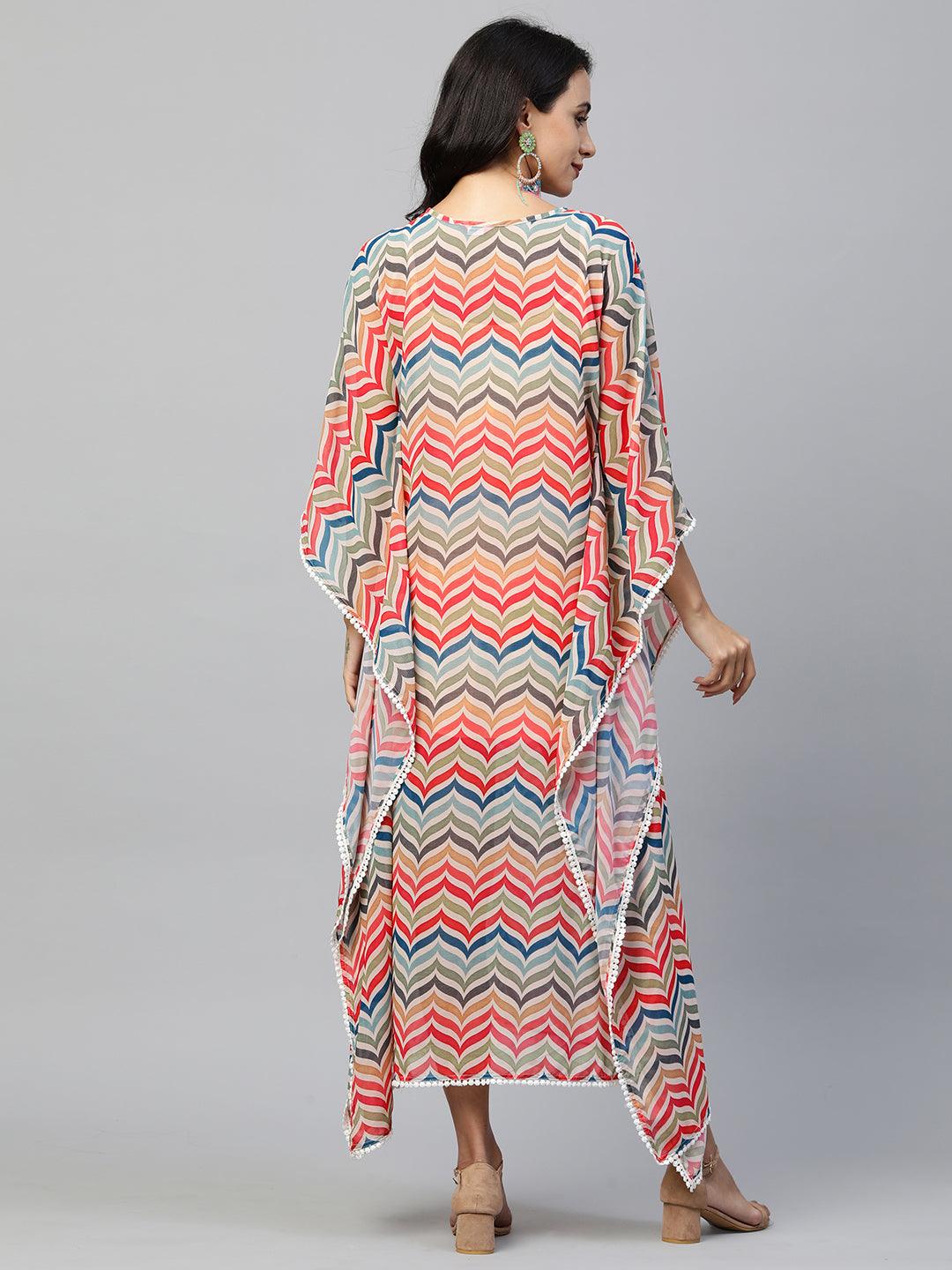 Colorful Chevron Printed & Embroidered Kaftan - Multi - Indiakreations