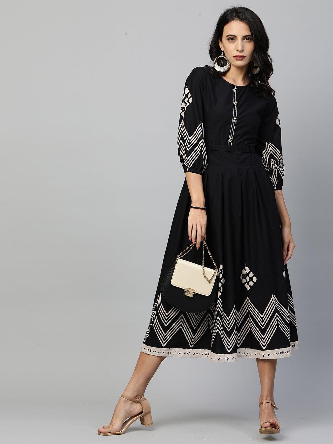 Chevron Printed & Embroidered Flared Maxi - Black - Indiakreations