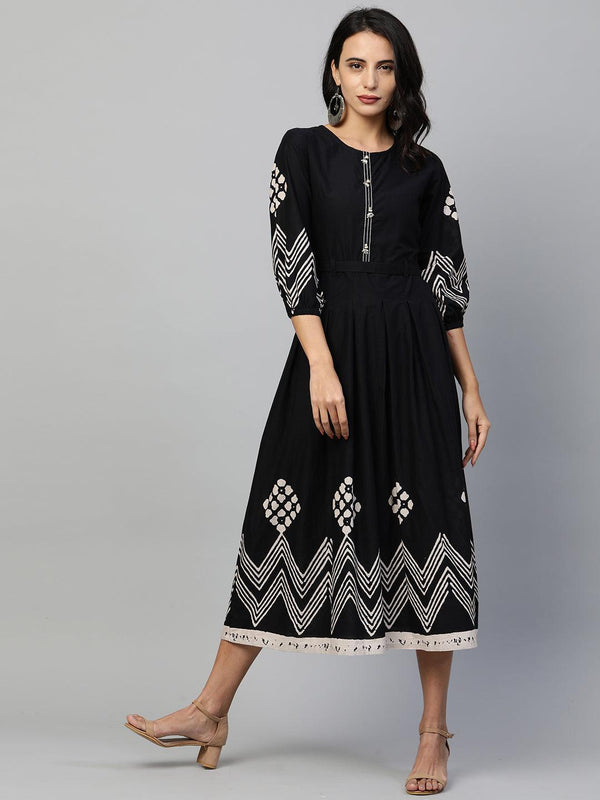 Chevron Printed & Embroidered Flared Maxi - Black - Indiakreations