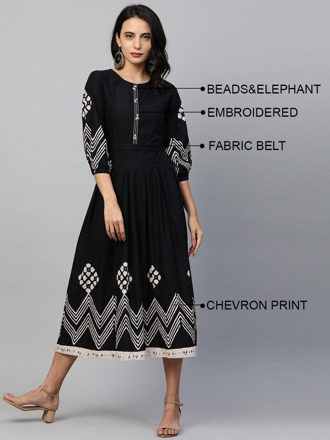 Chevron Printed & Embroidered Flared Maxi - Black - Indiakreations