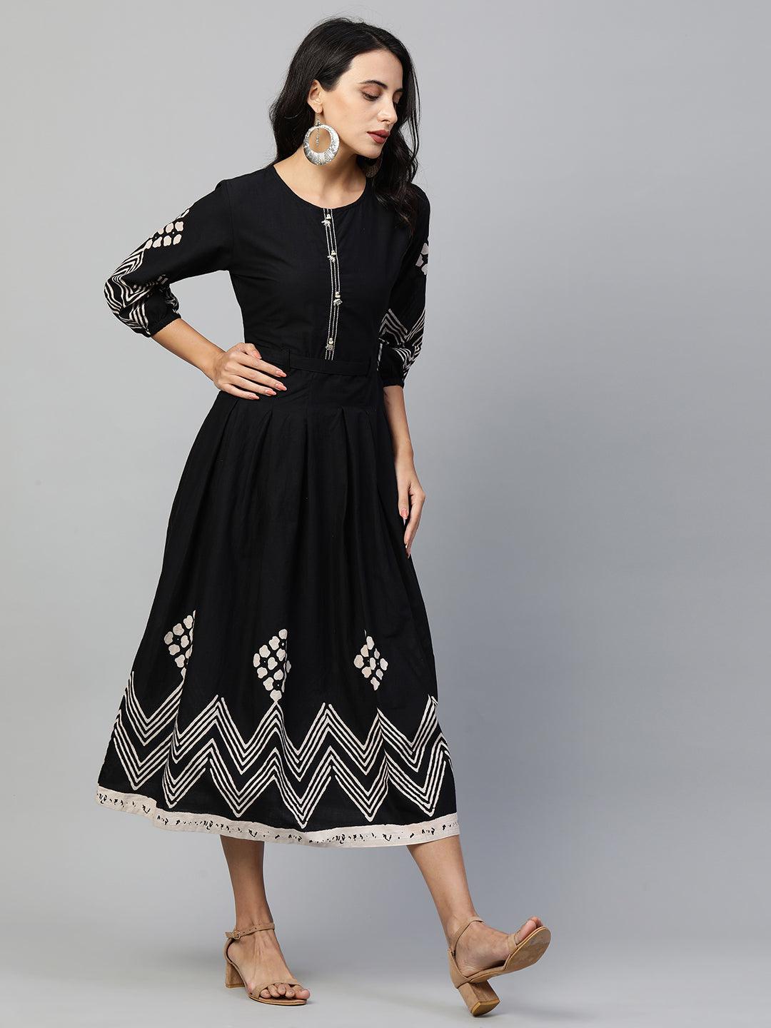 Chevron Printed & Embroidered Flared Maxi - Black - Indiakreations