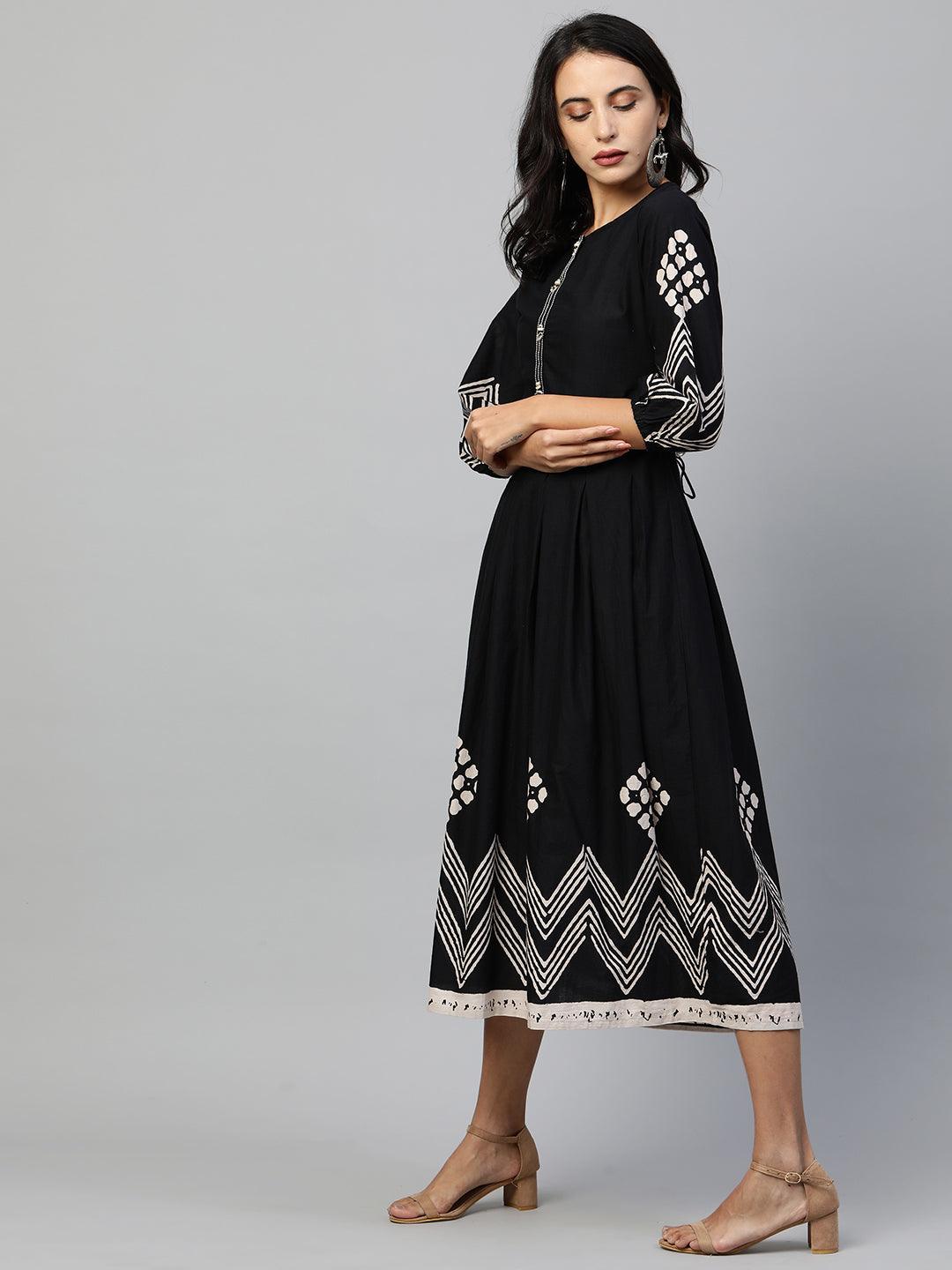 Chevron Printed & Embroidered Flared Maxi - Black - Indiakreations