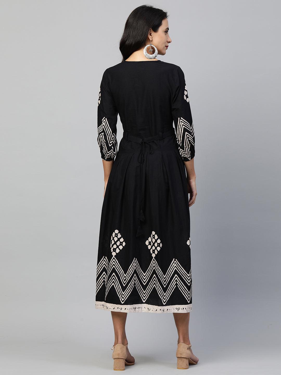 Chevron Printed & Embroidered Flared Maxi - Black - Indiakreations