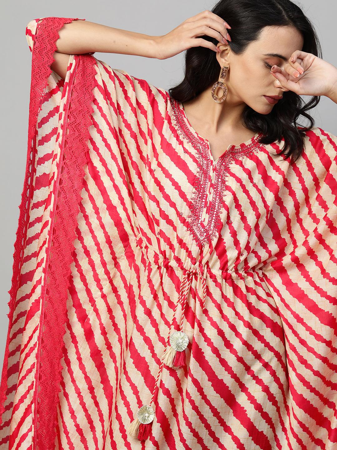 Leheriya Printed & Embroidered Kaftan - Red - Indiakreations