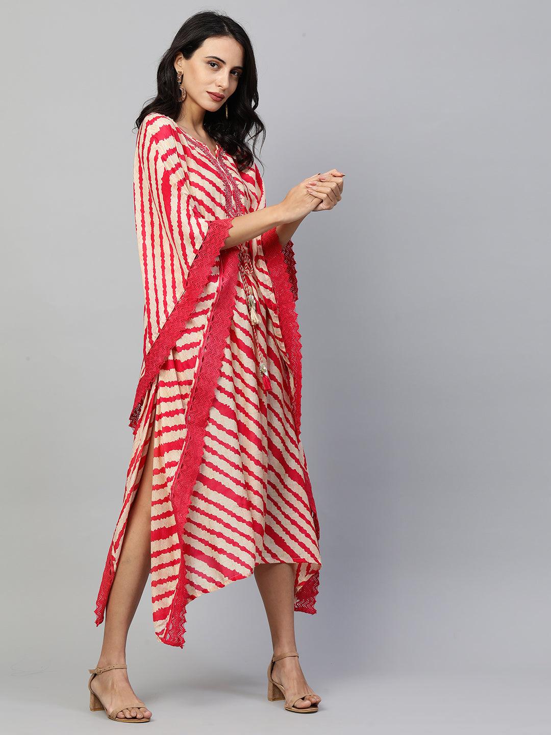 Leheriya Printed & Embroidered Kaftan - Red - Indiakreations