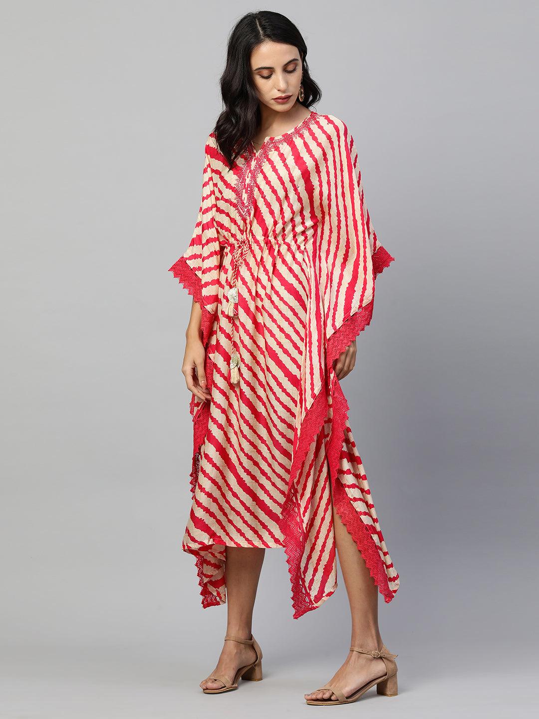 Leheriya Printed & Embroidered Kaftan - Red - Indiakreations