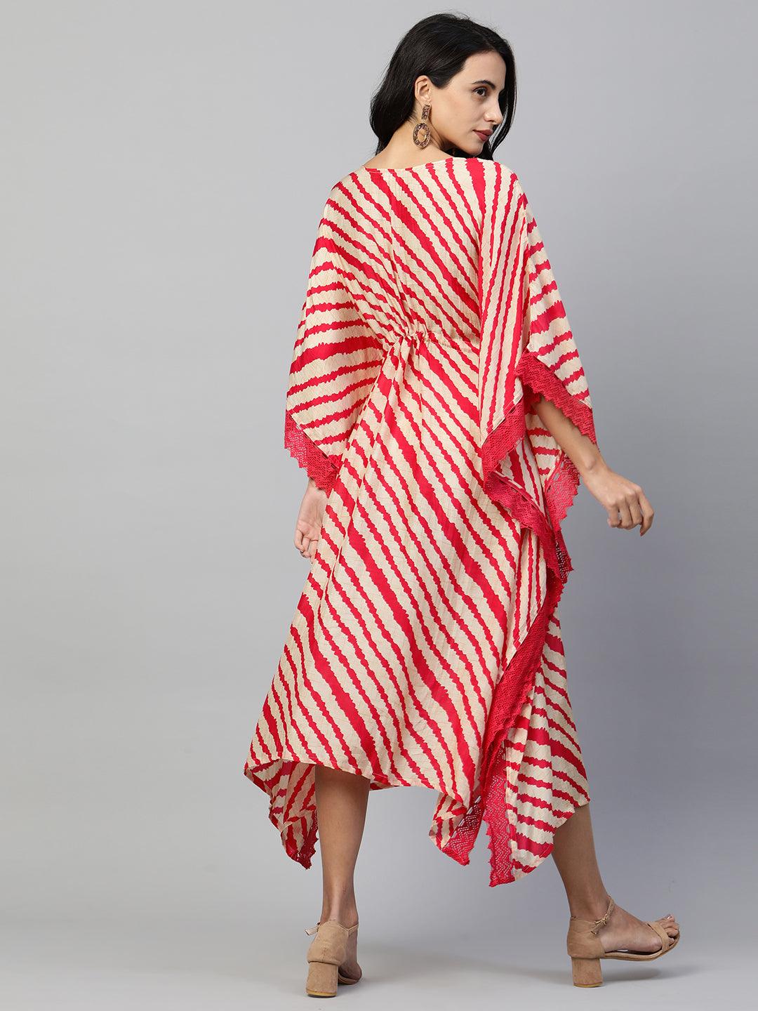 Leheriya Printed & Embroidered Kaftan - Red - Indiakreations