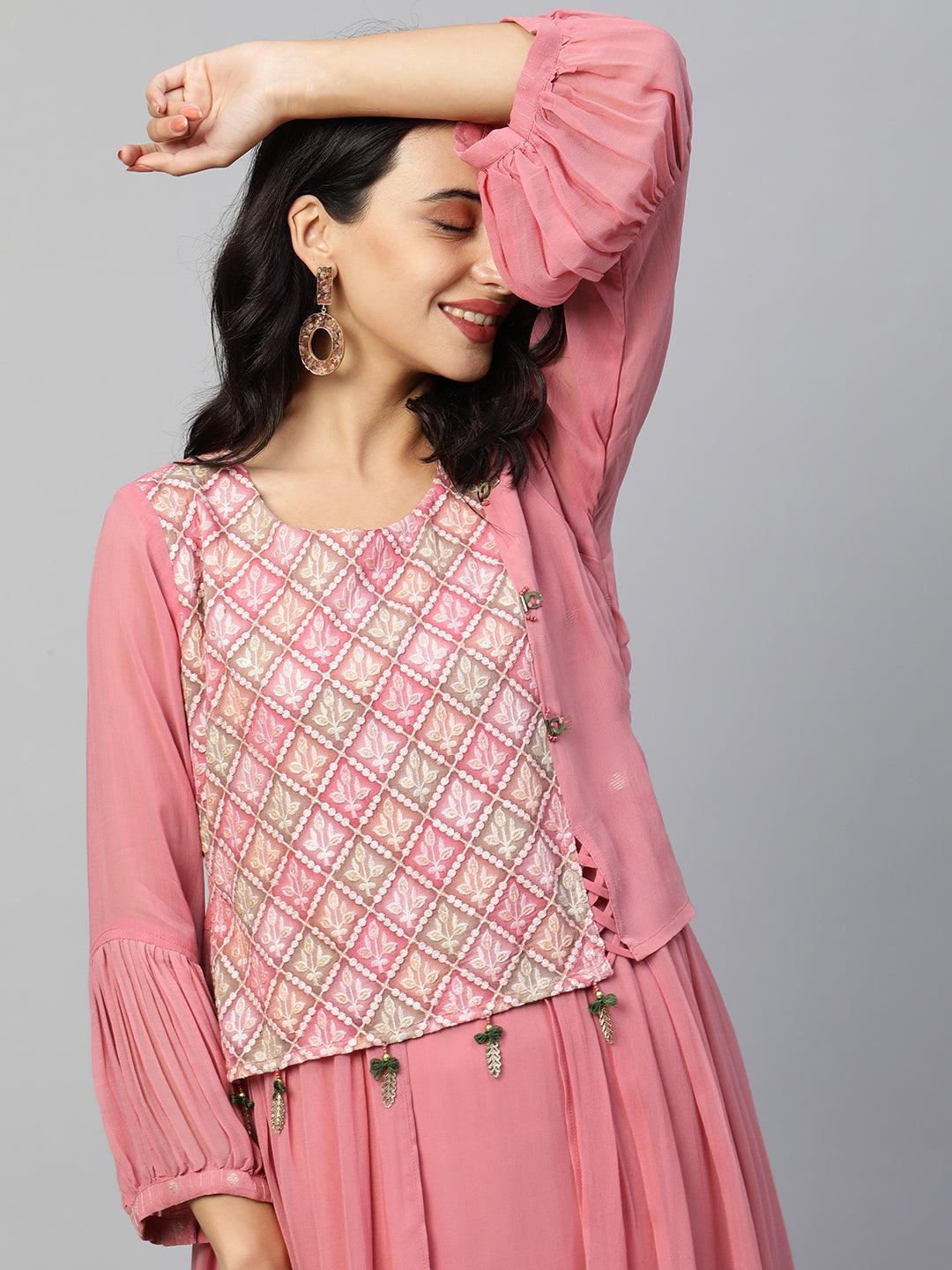 Ethnic Embroidered Layered Flare Maxi Dress - Blush Pink - Indiakreations