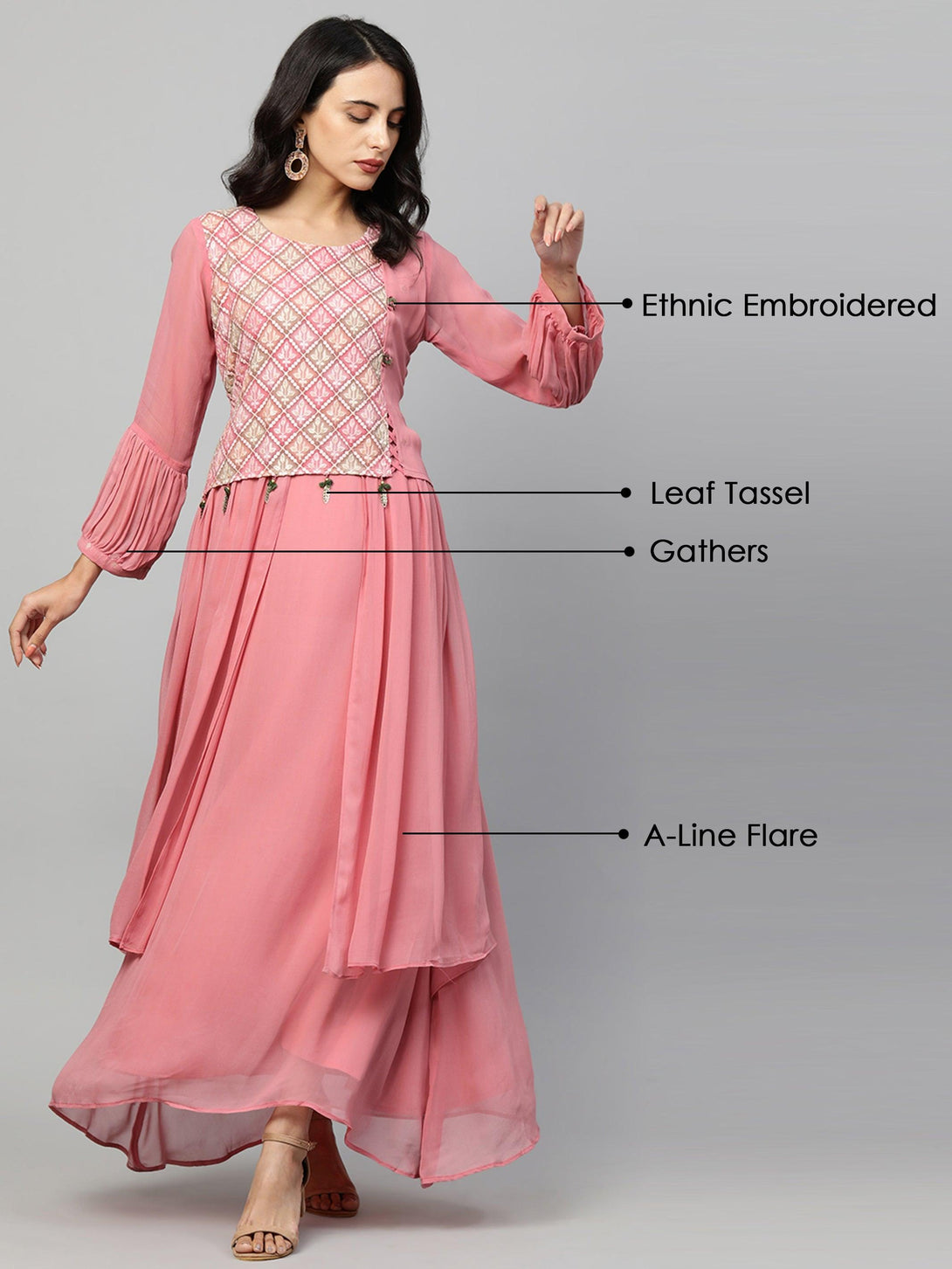 Ethnic Embroidered Layered Flare Maxi Dress - Blush Pink - Indiakreations