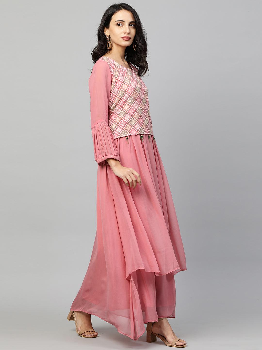 Ethnic Embroidered Layered Flare Maxi Dress - Blush Pink - Indiakreations