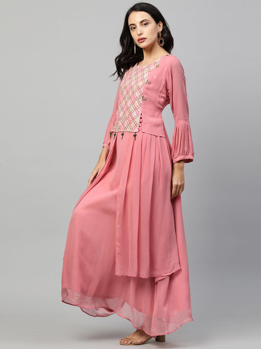 Ethnic Embroidered Layered Flare Maxi Dress - Blush Pink - Indiakreations