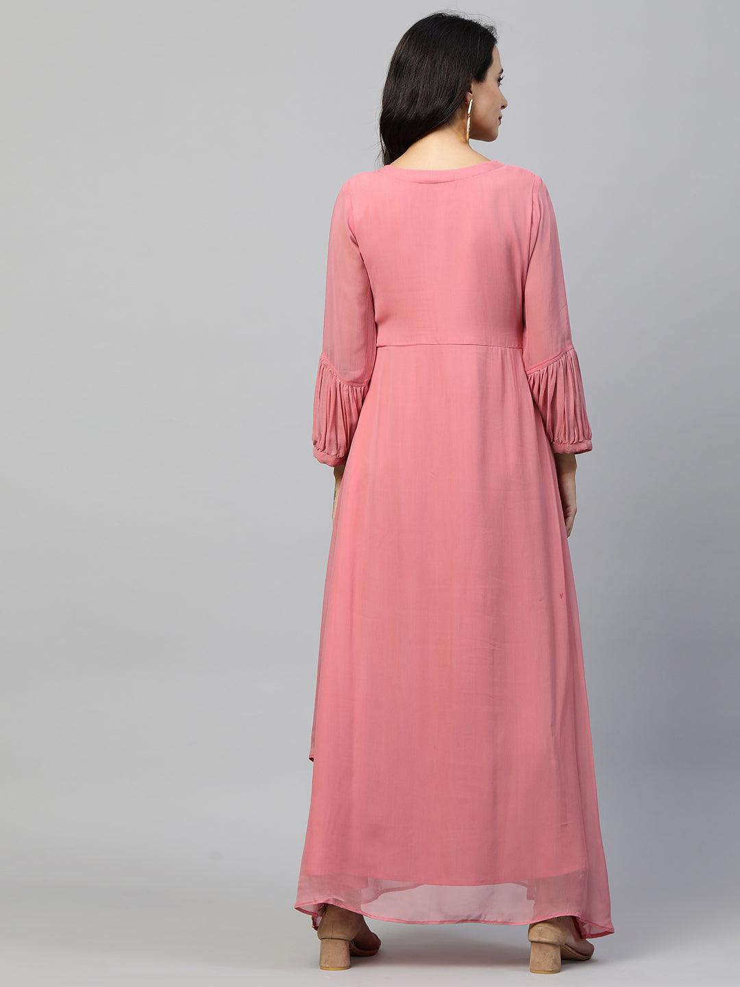 Ethnic Embroidered Layered Flare Maxi Dress - Blush Pink - Indiakreations