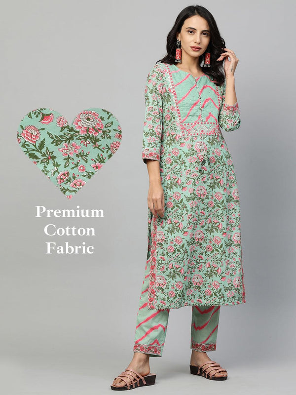 Floral Printed Kurta & Leheriya Pant with 2-Ply Mask – Mint Green - Indiakreations