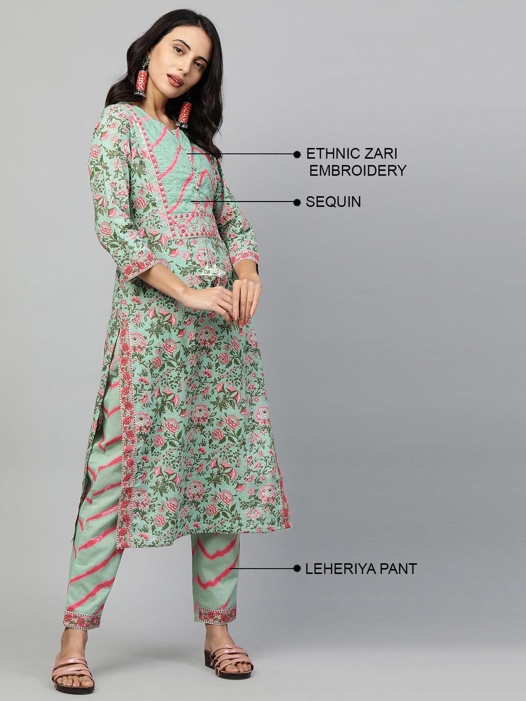 Floral Printed Kurta & Leheriya Pant with 2-Ply Mask – Mint Green - Indiakreations