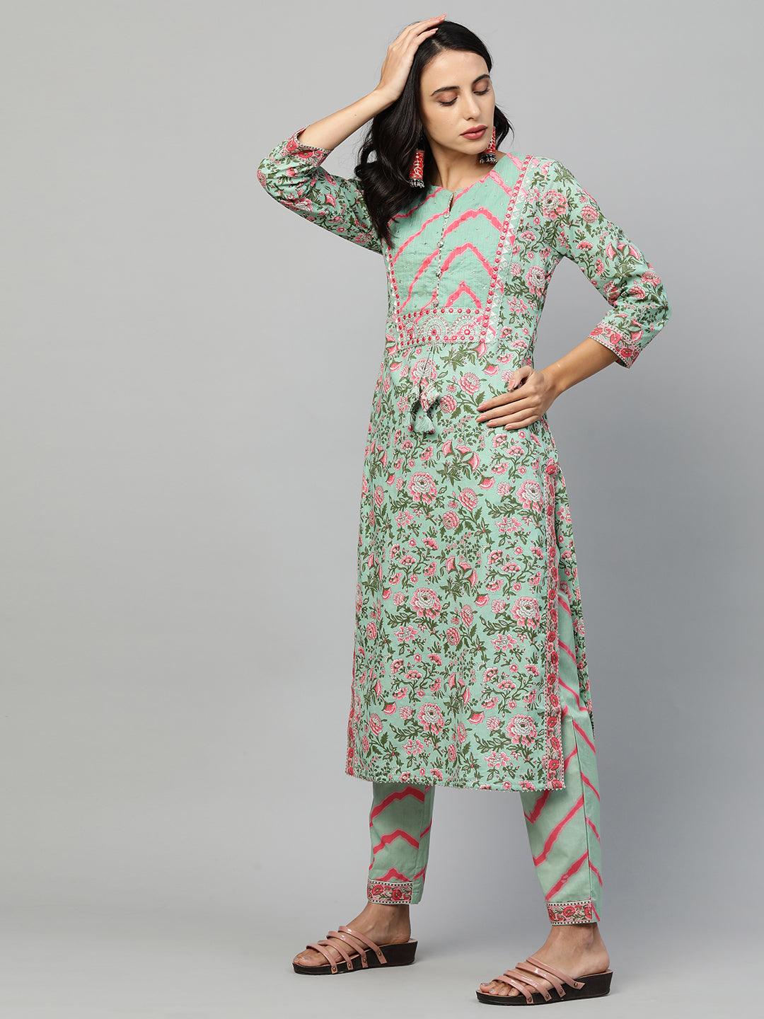 Floral Printed Kurta & Leheriya Pant with 2-Ply Mask – Mint Green - Indiakreations