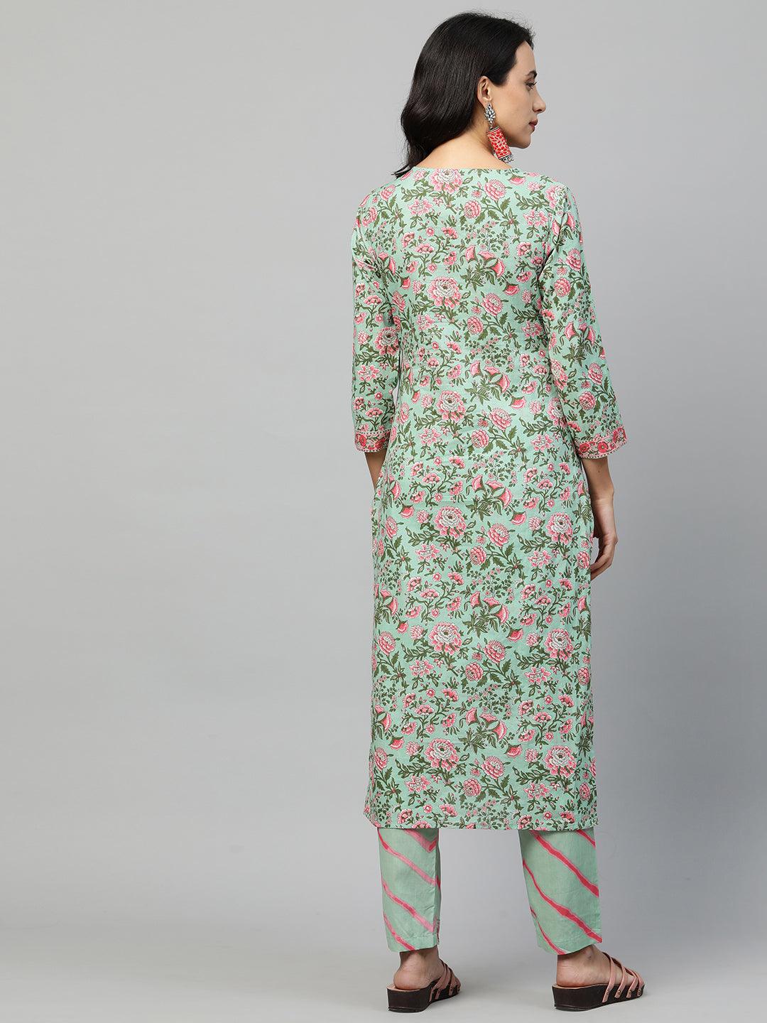 Floral Printed Kurta & Leheriya Pant with 2-Ply Mask – Mint Green - Indiakreations