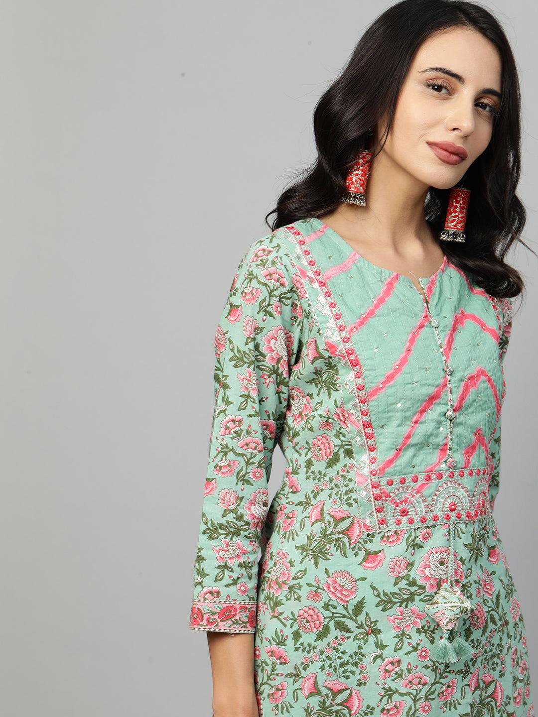 Floral Printed Kurta & Leheriya Pant with 2-Ply Mask – Mint Green - Indiakreations