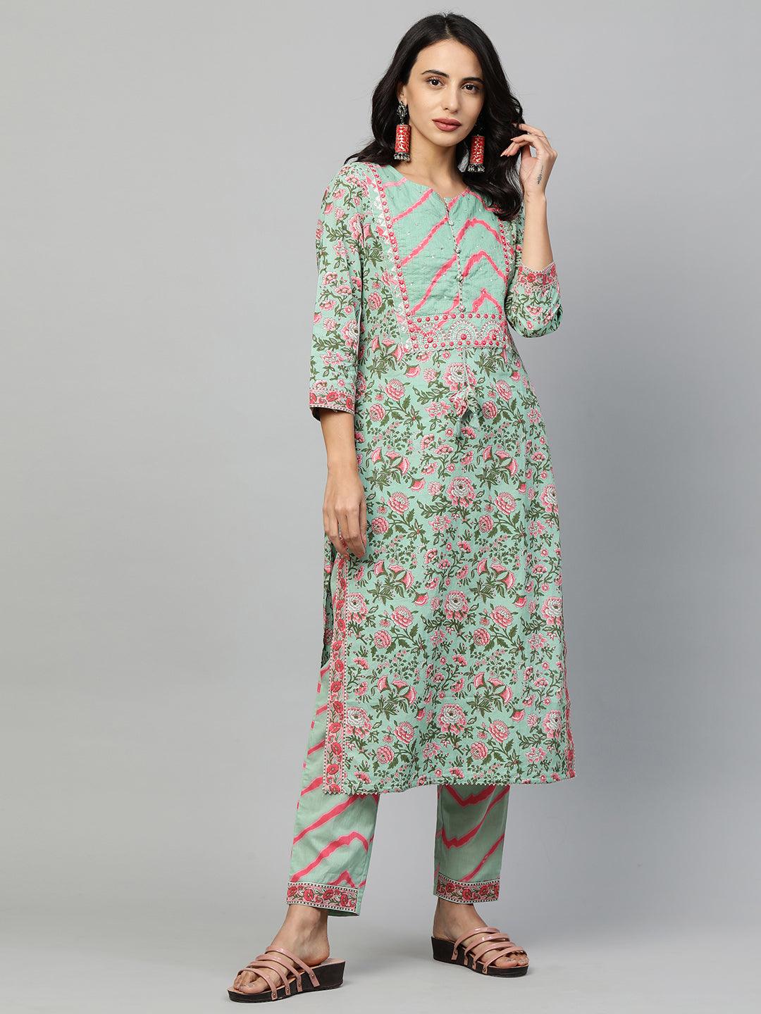 Floral Printed Kurta & Leheriya Pant with 2-Ply Mask – Mint Green - Indiakreations