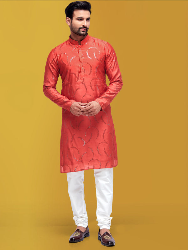 Orange Cotton Silk Men's Kurta with Elegant Work